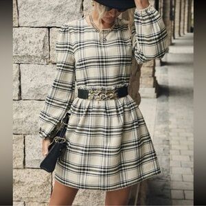 Plaid ruffle long sleeve mini dress